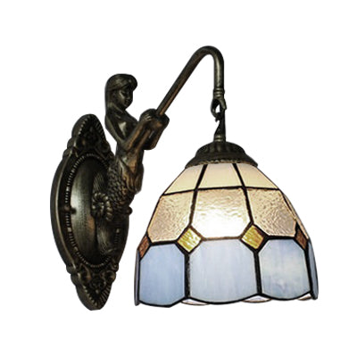 Blue Glass Grid Wall Mount Tiffany Antique Brass Sconce Light