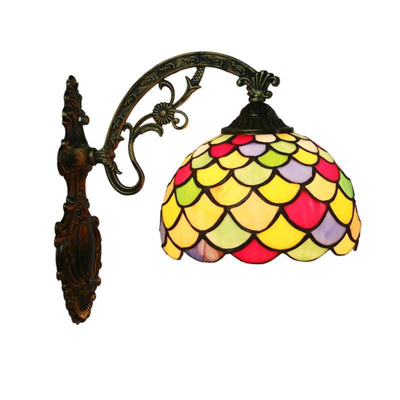 Tiffany Fishscale Art Glass Wall Lamp With Brass Sconce And Curved Arm