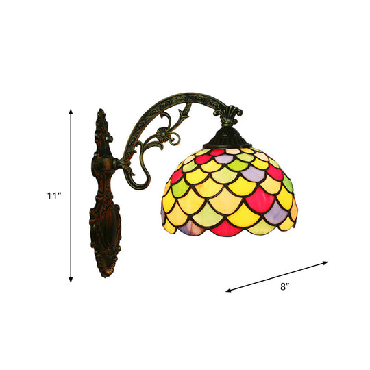 Tiffany Fishscale Art Glass Wall Lamp With Brass Sconce And Curved Arm