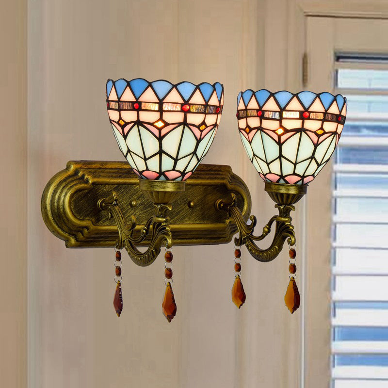 Handcrafted Glass Brass Sconce Light: Geometric 2-Light Tiffany-Style Wall Fixture
