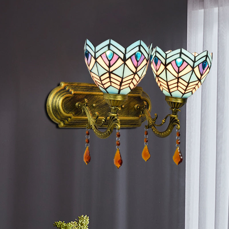 Mediterranean Ridged Bell Stained Glass Wall Sconce - 2-Light Brass Vanity Light Fixture