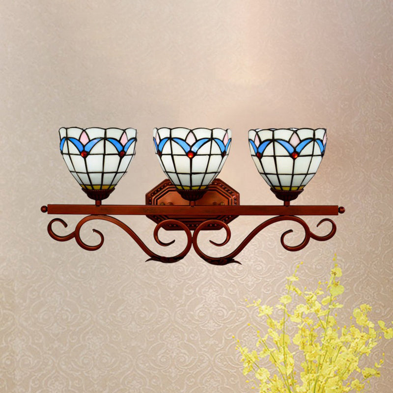 Mission Stained Glass Wall Light Fixture - Bell/Pyramid Shape 3-Head Blue/Green Vanity Lighting