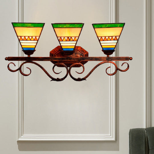 Mission Stained Glass Wall Light Fixture - Bell/Pyramid Shape 3-Head Blue/Green Vanity Lighting