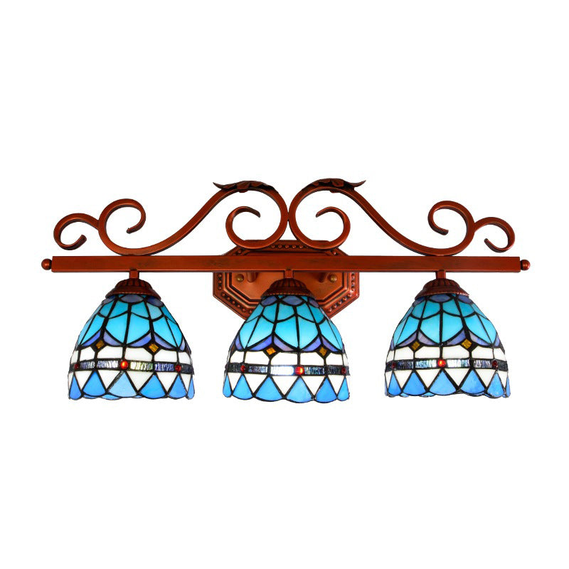 Blue Glass Bell Vanity Wall Light With Mediterranean Style And Copper Scroll Arm - 3 Bulbs Sconce