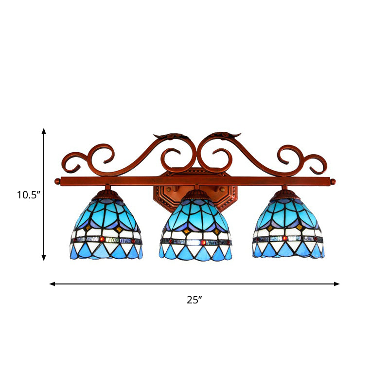 Blue Glass Bell Vanity Wall Light With Mediterranean Style And Copper Scroll Arm - 3 Bulbs Sconce