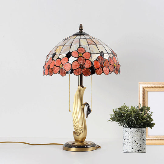 Swan Base Tiffany Glass Night Lamp With Flower-Edge Pink Grid Design 2-Light Pull Chain Table