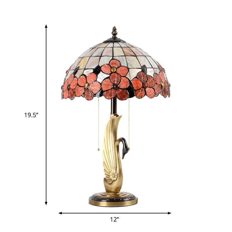 Albali - Pink Flower-Edge Pink Grid Glass Night Lamp Tiffany 2-Light Gold Pull Chain Table Lighting with Swan Base