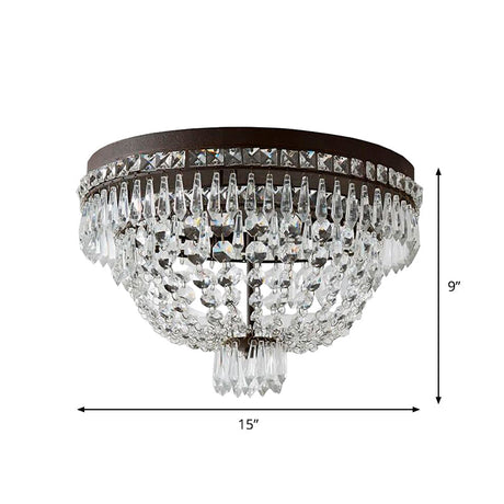 Modern Dome Frame Crystal Flush Mount Ceiling Light - 3-Light Clear Strand Black Fixture