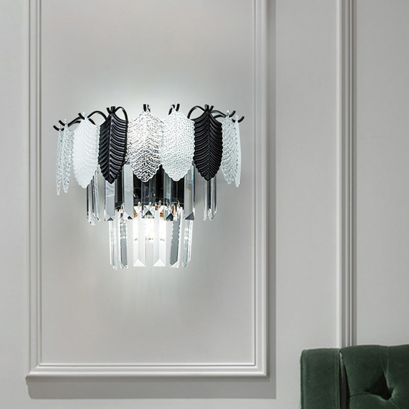 Modern 2-Layer Crystal Rectangle Sconce Light Fixture With 3-Head Black And White Wall Lamp