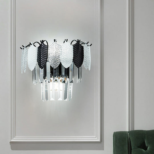 Modern 2-Layer Crystal Rectangle Sconce Light Fixture With 3-Head Black And White Wall Lamp