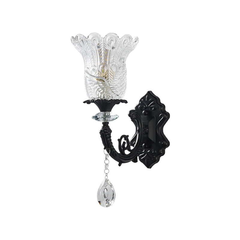 Black Flower Wall Lamp With Clear Crystal Glass Shade & Minimalist Design