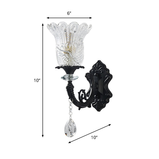 Black Flower Wall Lamp With Clear Crystal Glass Shade & Minimalist Design