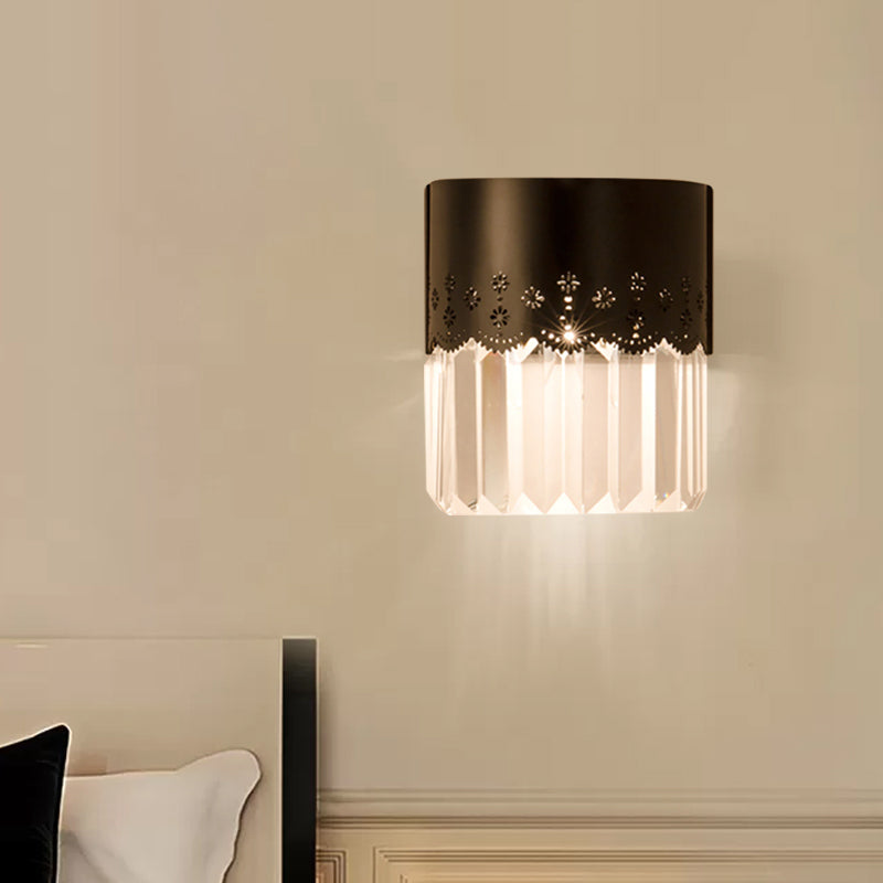 Modern Black Half-Cylinder Wall Sconce: 1-Head Crystal Block Bedside Lamp Fixture