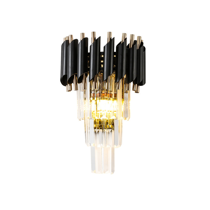Contemporary Black Rectangle Crystal Tiered Wall Sconce - 2 Lights Mounted Lamp