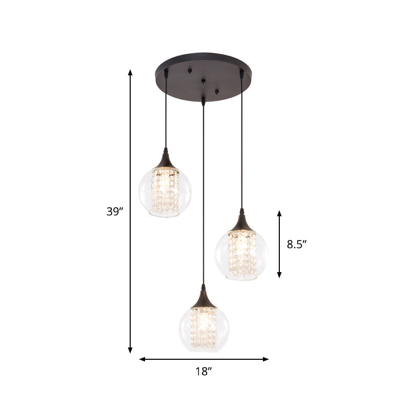 Stylish Globe Multi Ceiling Light with Clear Glass, 3 Bulbs, Black Finish - Modern Dining Room Hanging Lamp