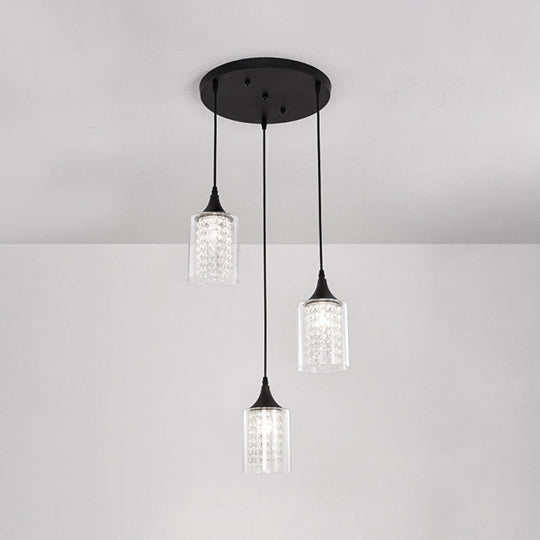Minimalist Black Pendulum Lamp With 3-Light Clear Glass Cylinder And Linear/Round Canopy
