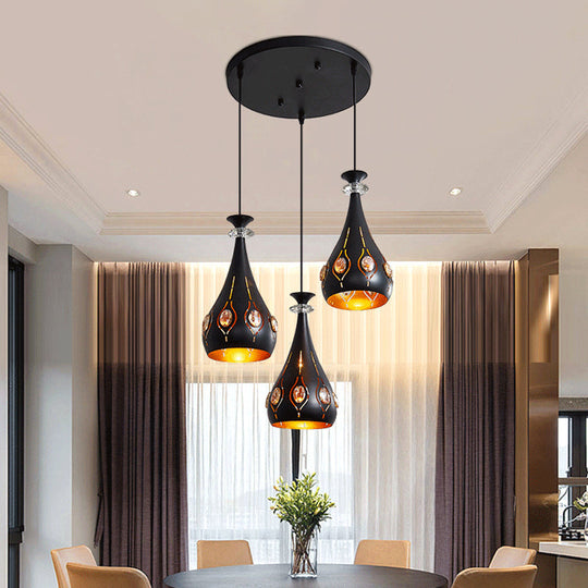 Black Modernist Pendant Light With Metallic Cluster Design - 3 Heads Globe Oval And Waterdrop Shape
