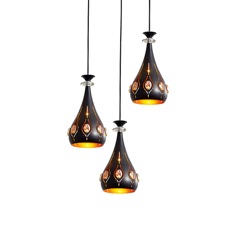 Modernist Metallic 3-Head Black Pendant Light for Dining Room - Globe/Oval/Waterdrop Cluster Design