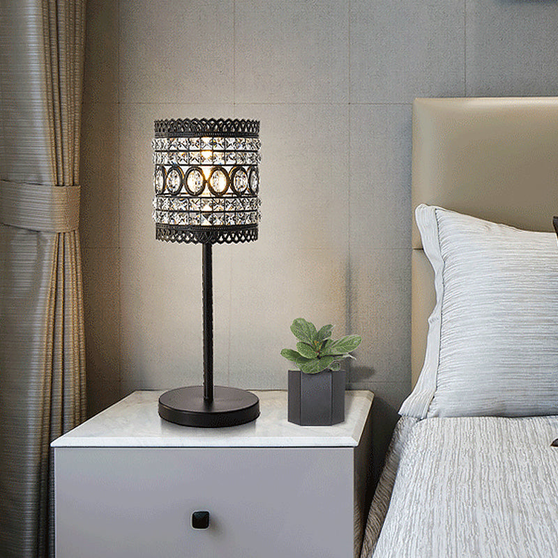 Modern Metallic Cylinder 1-Head Bedside Lamp With Crystal Accent - Black Nightstand Light