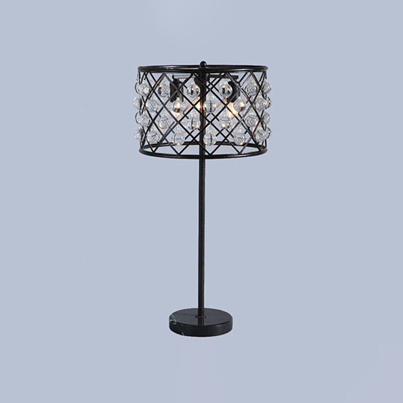 Modernist Grid Nightstand Light - Black Bedside Table Lamp With Crystal Drip Drum Design 3 Lights
