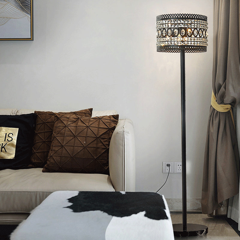 Modern Black Floor Lamp With Crystal-Encrusted Shade - 1 Bulb Living Room Stand Light