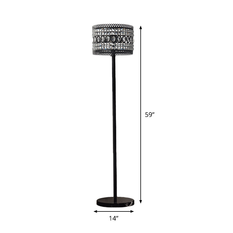 Modern Black Floor Lamp With Crystal-Encrusted Shade - 1 Bulb Living Room Stand Light
