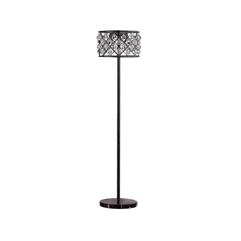 Modern Black Drum Light With Grid Design - Crystal Drip Floor Lamp 3 Lights