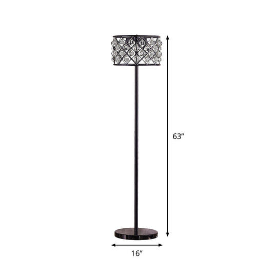 Modern Black Drum Light With Grid Design - Crystal Drip Floor Lamp 3 Lights