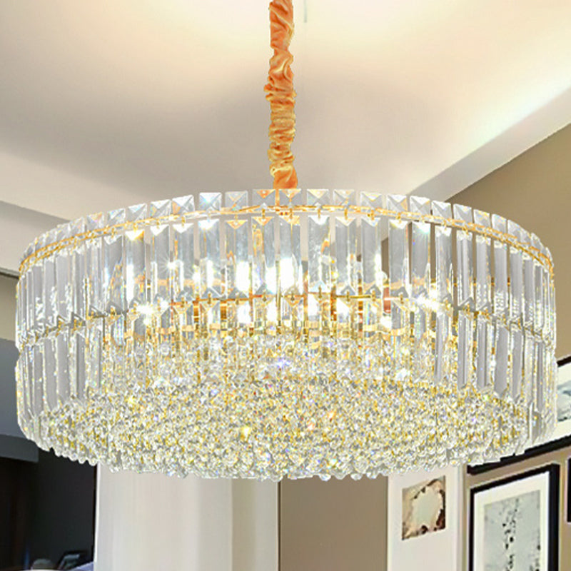 Minimalist Drum Shaped Crystal Chandelier Pendant with Layered Clear Crystals & 6 Bulbs