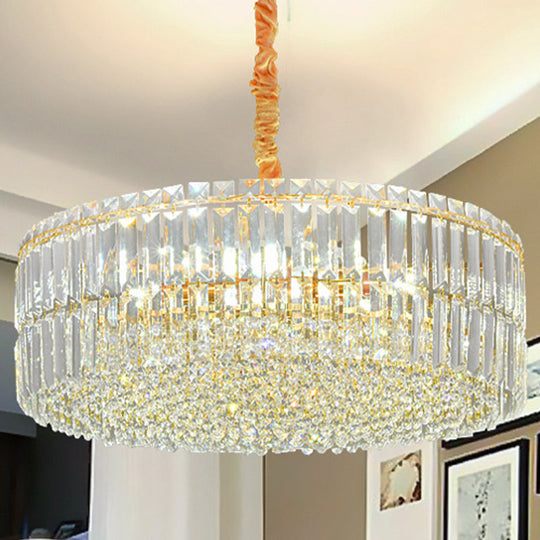 Minimalist Drum Shaped Crystal Chandelier Pendant with Layered Clear Crystals & 6 Bulbs