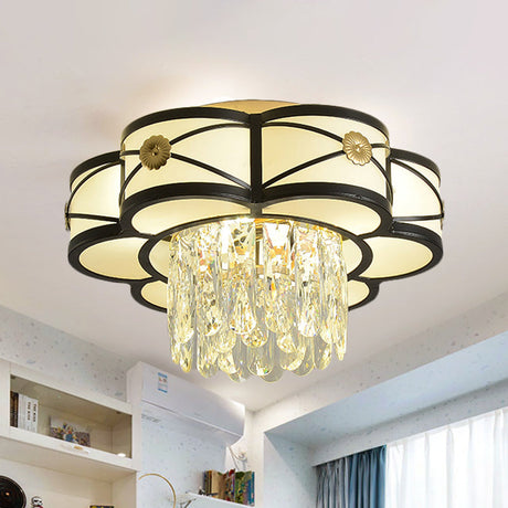 Modern Flower-Shaped Black Iron Flushmount Ceiling Lamp With Crystal Rod Drop - 4-Head Light Fixture