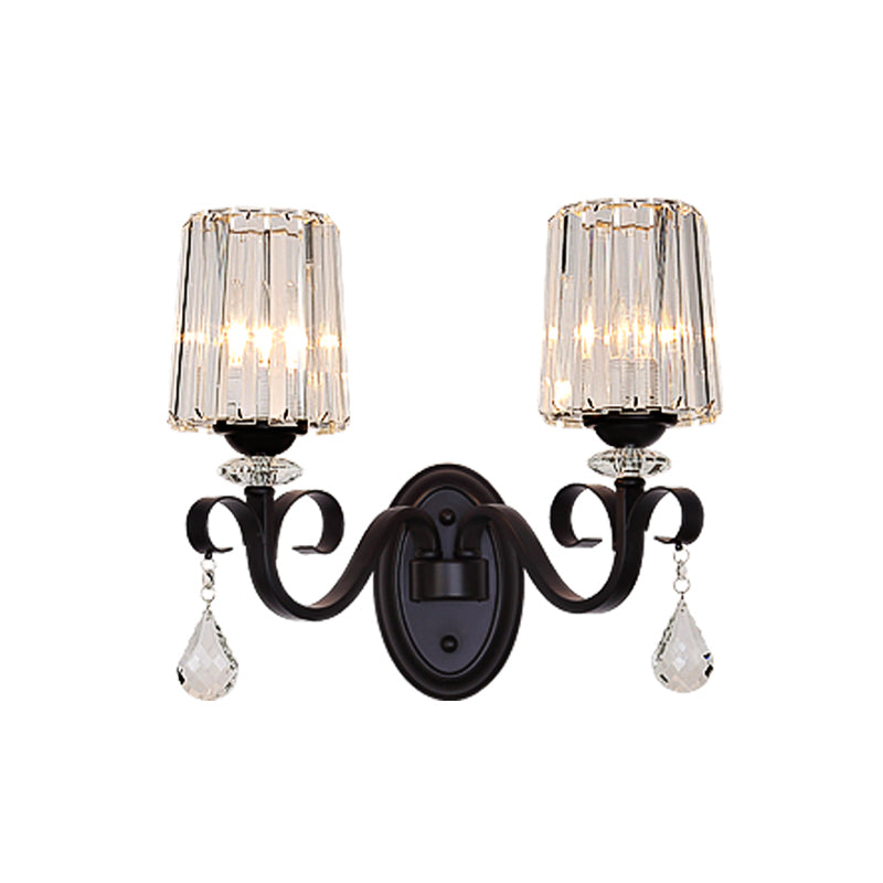 Clear Prismatic Crystal Sconce - Modern Black Cylinder Wall Mount Lamp For Living Room