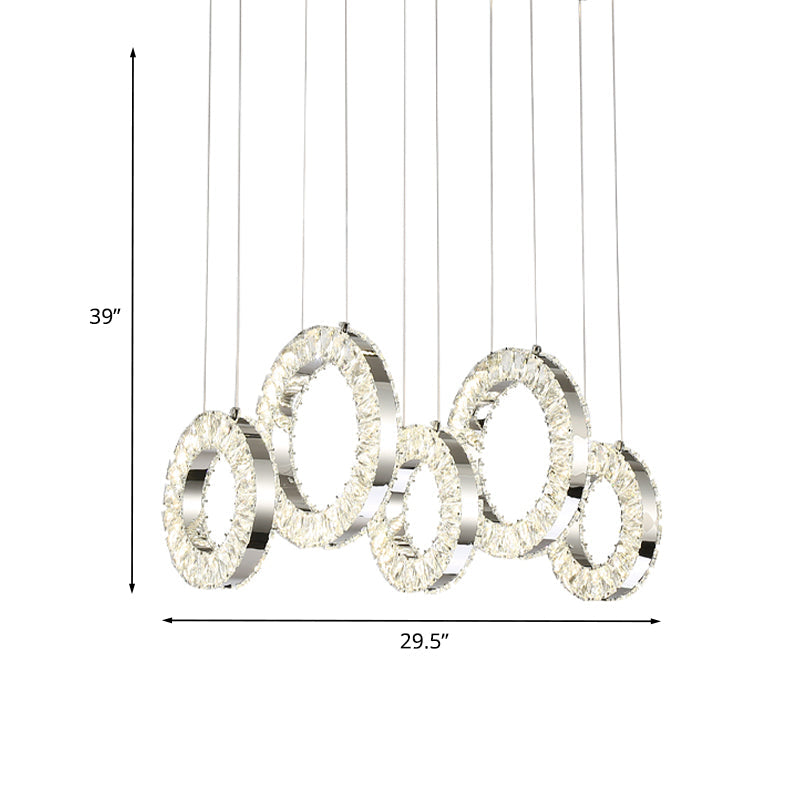 Contemporary Crystal-Encrusted Nickel Pendant Lamp - 5 Lights - Over Table
