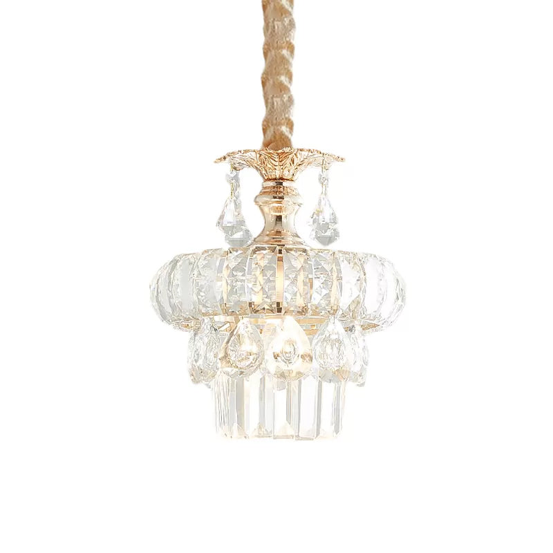 Traditional Gold Crystal Lotus Pendant Light With Tiered Pendulum - Perfect For Dining Room