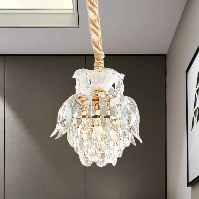 Traditional Gold Crystal Lotus Pendant Light With Tiered Pendulum - Perfect For Dining Room