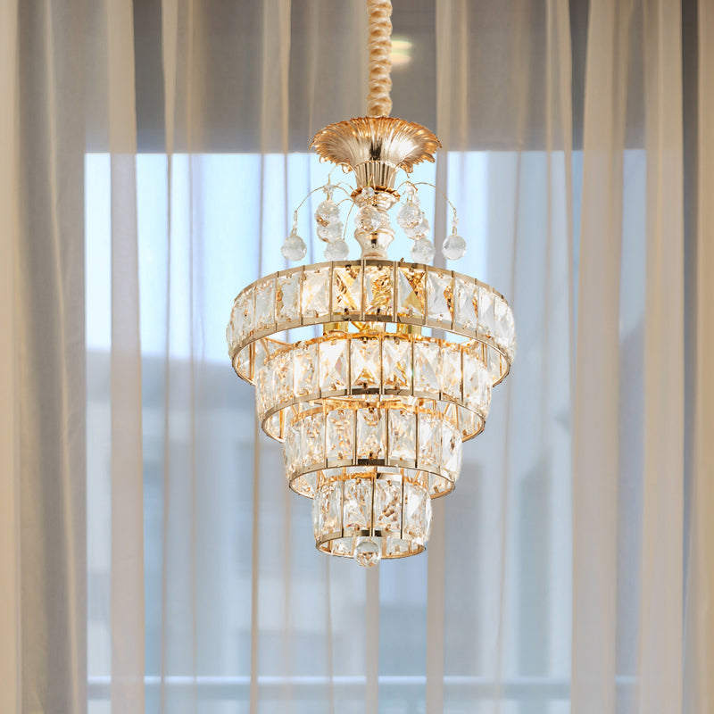 Inlaid Beveled Crystal Pendant: Gold Drop Ceiling Lamp With Traditional Suspension