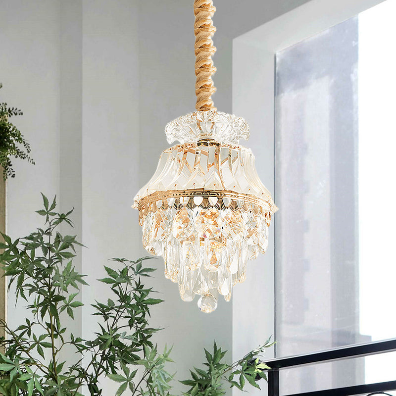 Modern Gold Crystal Dining Table Pendant Lamp - 1-Light Down Lighting Clear Tapered/Layered Design /