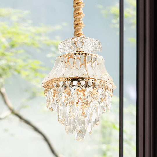 Modern Gold Crystal Dining Table Pendant Lamp - 1-Light Down Lighting Clear Tapered/Layered Design