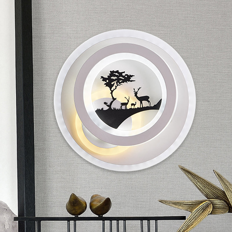 Minimalist Led Acrylic Sconce Light Fixture With Tree And Elk Design For Bedroom Lighting White