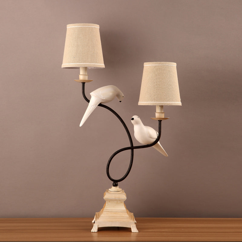 Modern Flaxen Table Light With Fabric Barrel Shade Dual Bulbs And Pigeon Deco