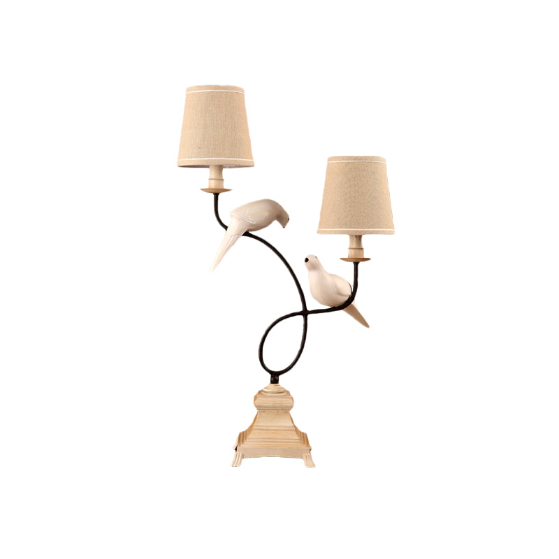 Modern Flaxen Table Light With Fabric Barrel Shade Dual Bulbs And Pigeon Deco