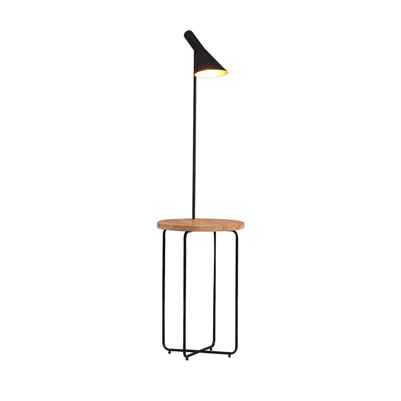 Modern Metallic Black Reading Floor Lamp With Wide Flared Shade & Wood Shelf