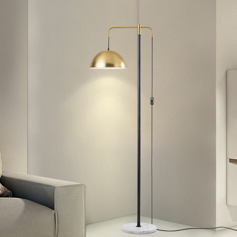 Modern Gold Finish Floor Lamp With Reading Light & Domed Metal Shade