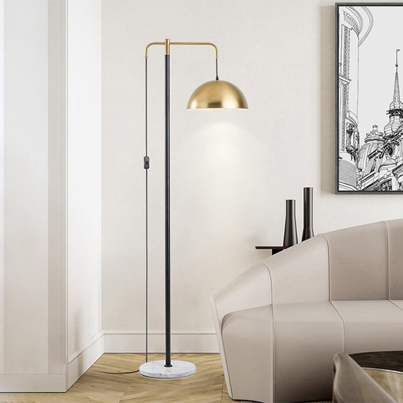 Modern Gold Finish Floor Lamp With Reading Light & Domed Metal Shade