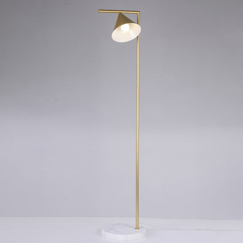 Minimalist Conical Shade Floor Light With Right Angle Arm - Black/Gold Finish Stand-Up Lamp