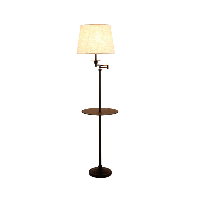 Modern Black Finish Floor Lamp With Shelf And White Fabric Shade