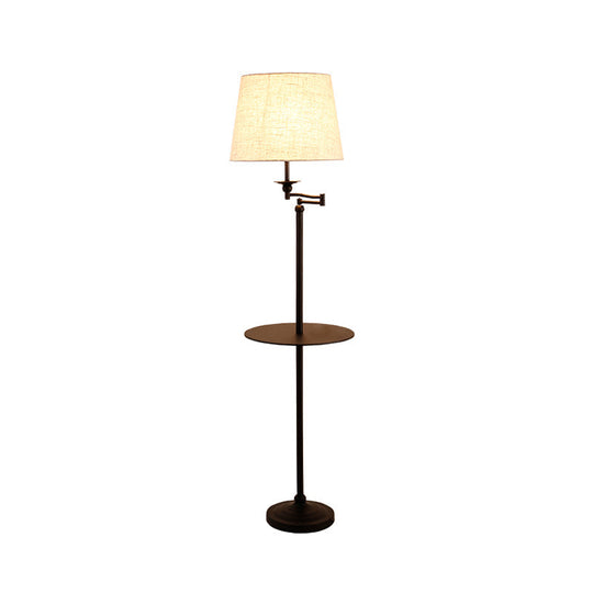 Modern Black Finish Floor Lamp With Shelf And White Fabric Shade