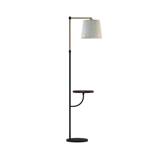 Modern Metal Floor Lamp With Right Angle Arm Barrel Beige Shade In Black-Gold - 1 Light For Living