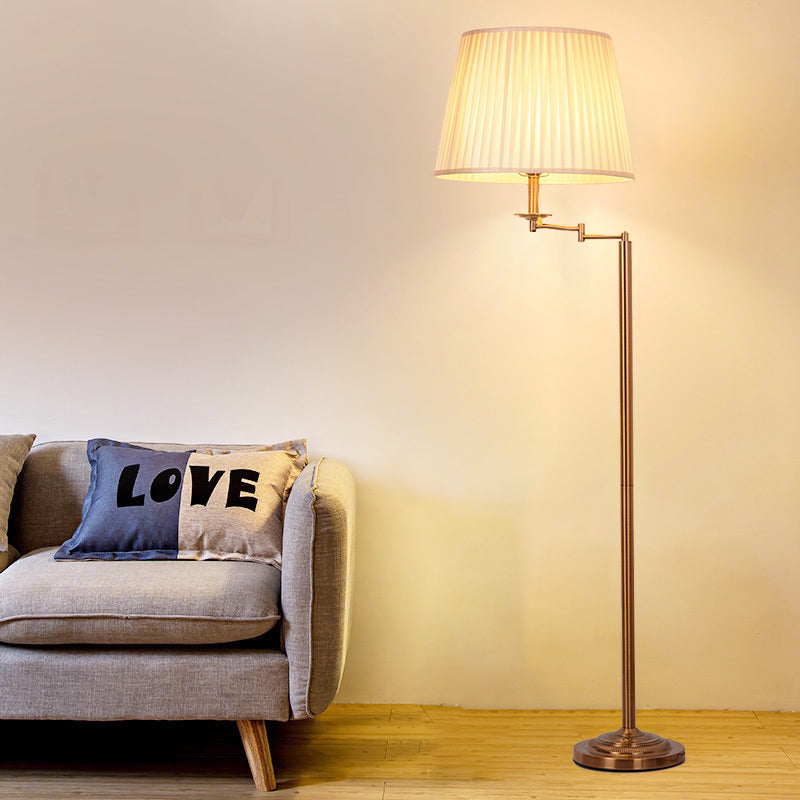 Adjustable Floor Lamp With Brass Finish & Plated Fabric Drum Shade
