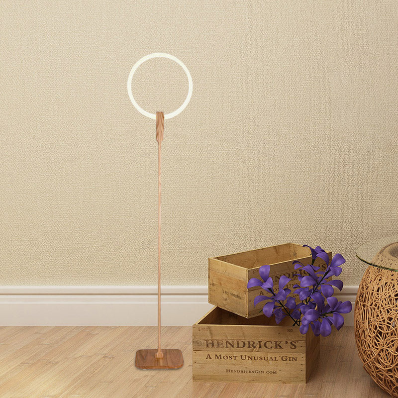Modern Circle Led Floor Lamp - Wood Stand Up Light For Study Room In Beige